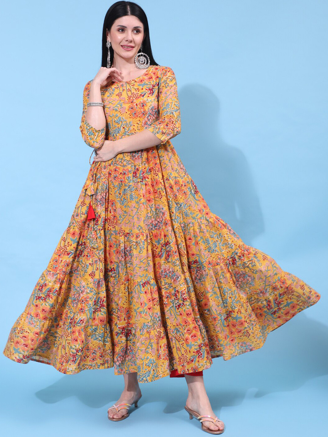 

KIMAYRA Women Floral Printed Tiering Anarkali Pure Cotton Kurta, Mustard