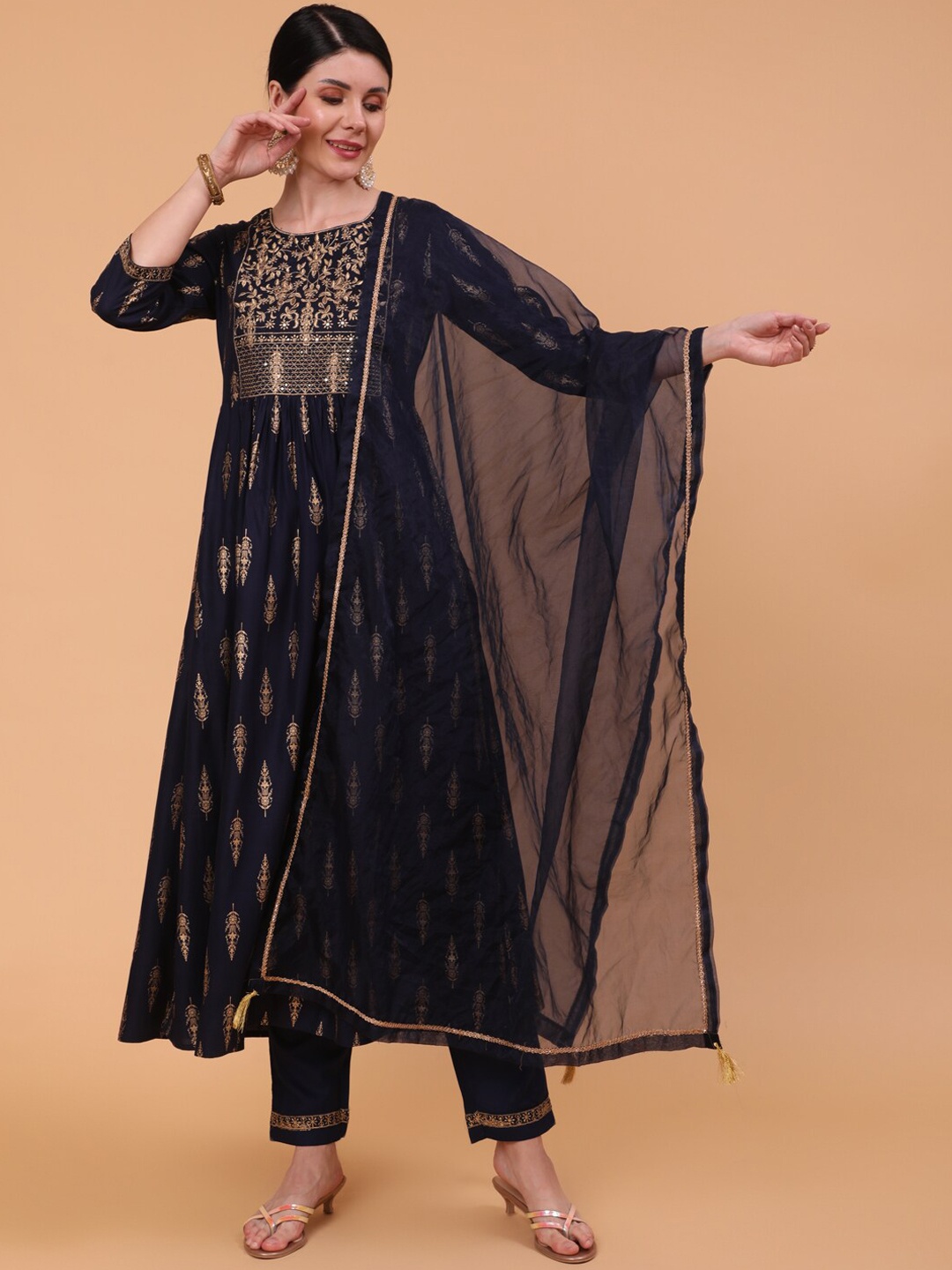 

KIMAYRA Ethnic Motifs Embroidered Sequinned Kurta with Trousers & With Dupatta, Navy blue