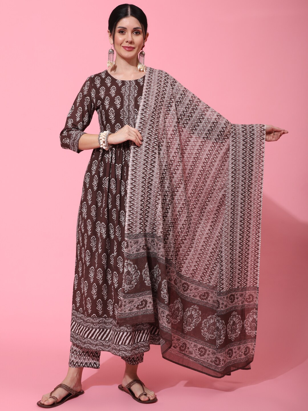 

KIMAYRA Ethnic Motifs Printed Pleated Pure Cotton Kurta with Trousers & With Dupatta, Brown