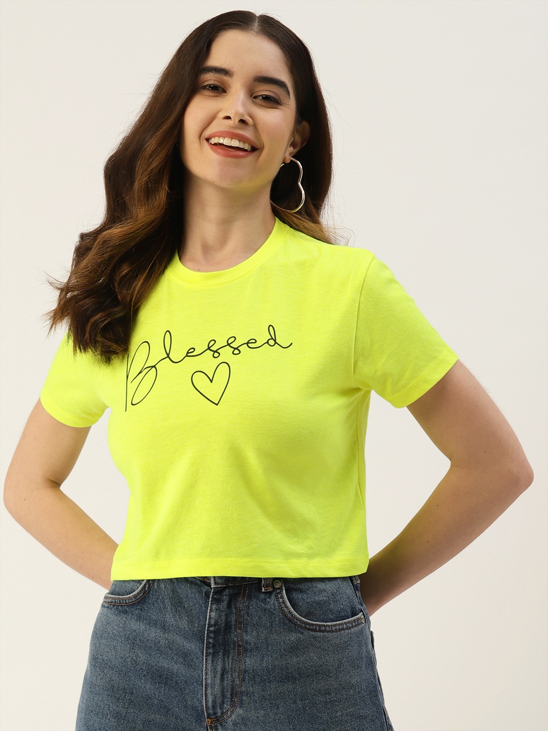 

Malachi Women Typography Printed Pure Cotton Crop T-shirt, Green