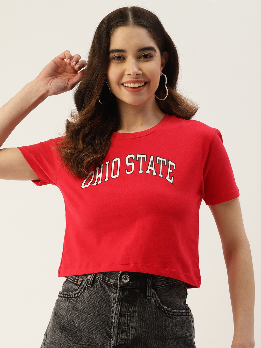 

Malachi Women Typography Printed Pure Cotton Crop T-shirt, Red