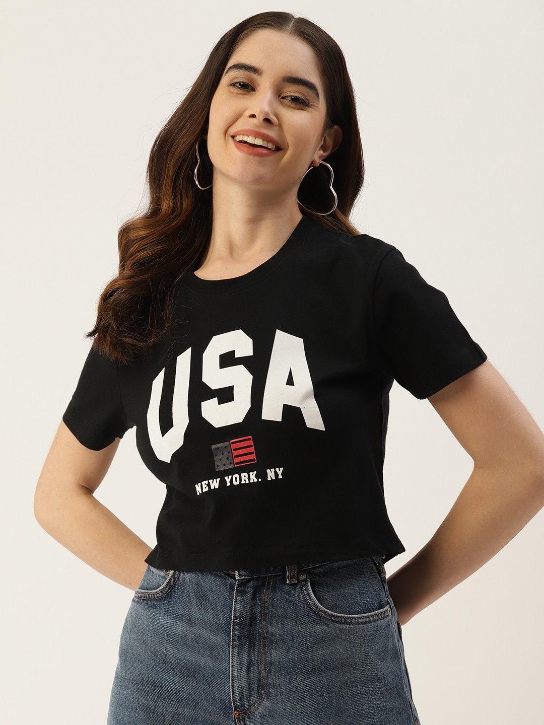 

Malachi Women Typography Printed Pure Cotton Crop T-shirt, Black