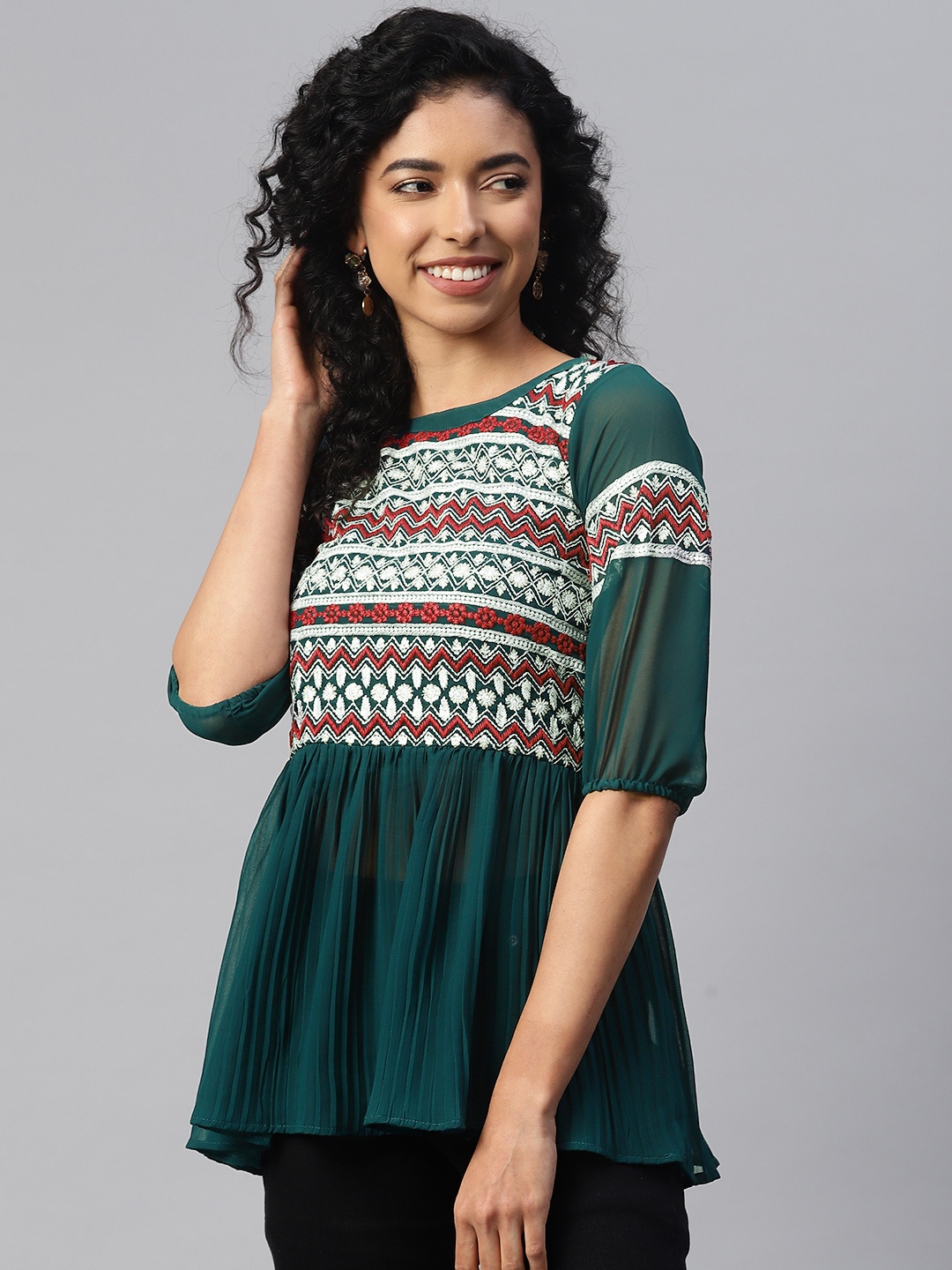 

PRASTHAN Geometric Embroidered Accordion Pleats Georgette Peplum Longline Top, Green