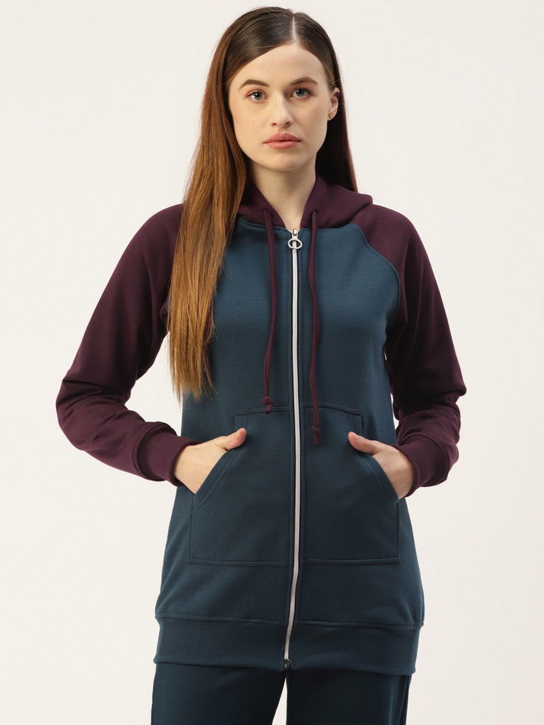 

BRINNS Women Colourblocked Front-Open Hooded Sweatshirt, Teal