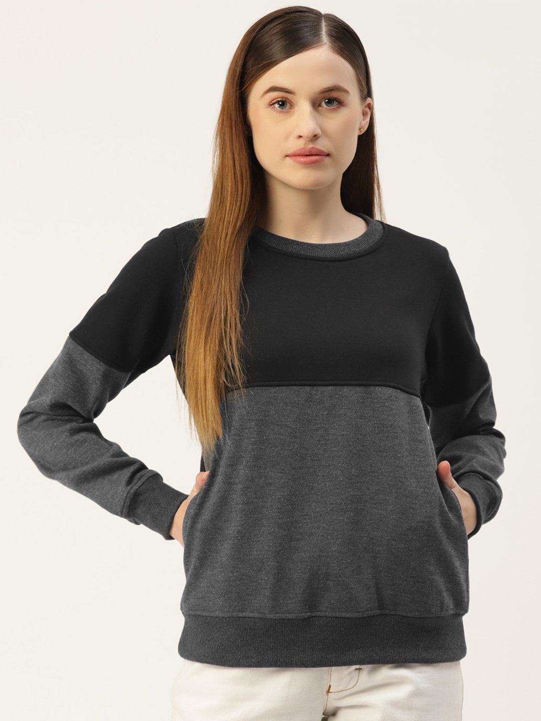 

BRINNS Women Colourblocked Pullover Sweatshirt, Charcoal