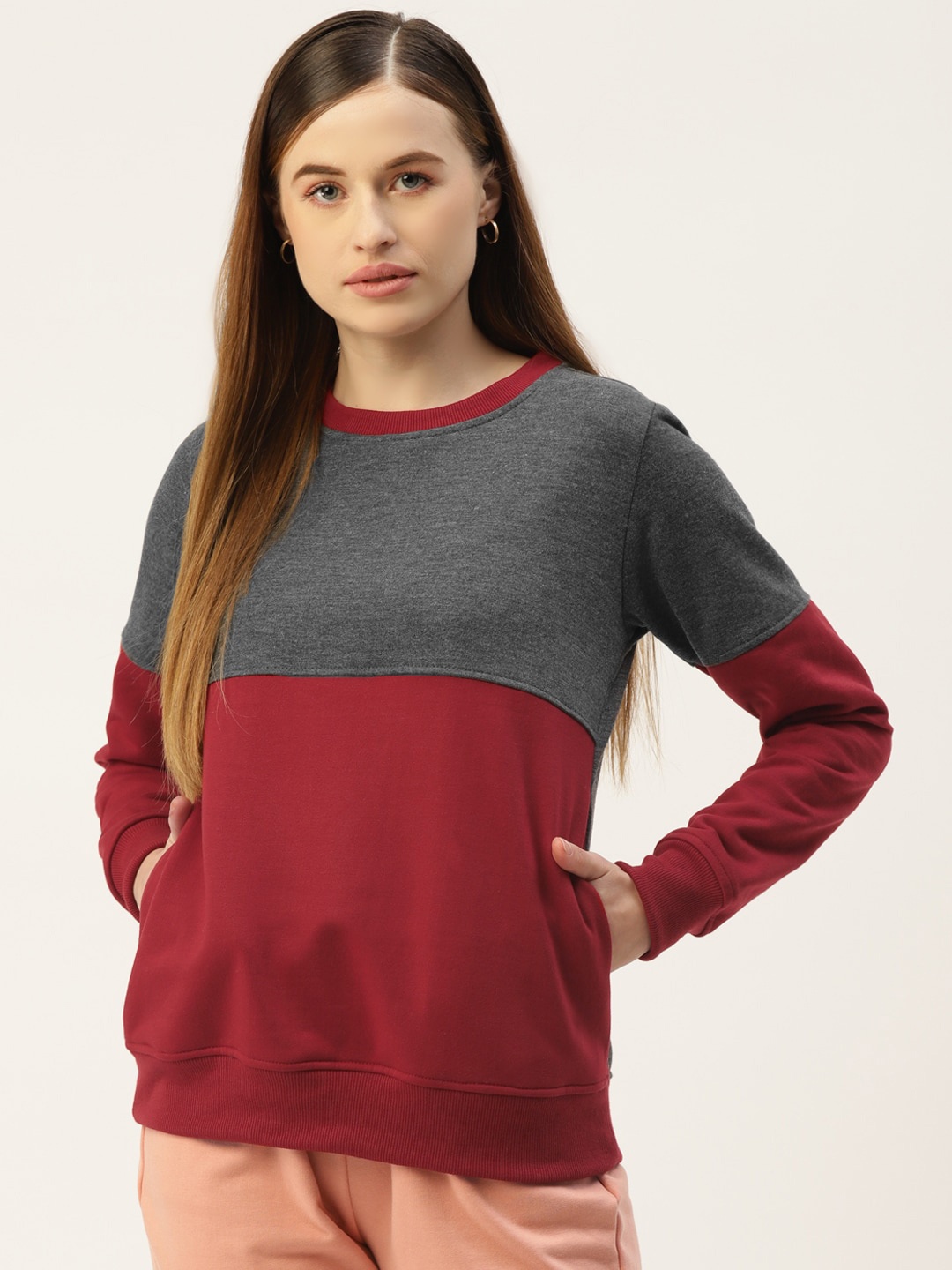 

BRINNS Women Colourblocked Pullover Sweatshirt, Maroon