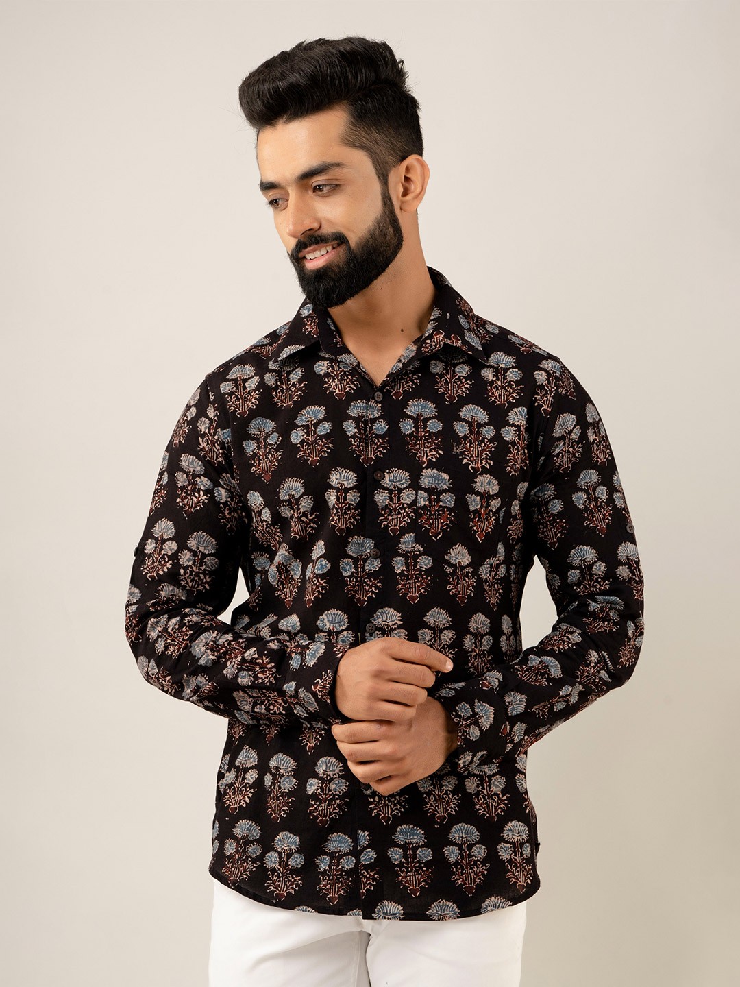 

Sutidora Men Classic Floral Printed Casual Cotton Shirt, Black