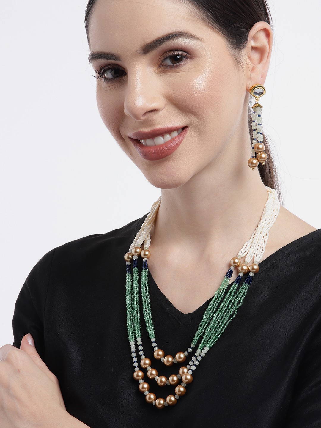 

Golden Peacock Gold-Plated Traditional Layered Pearl Jewellery Set, Green