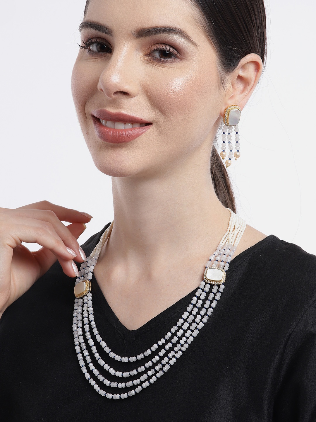 

Golden Peacock Traditional Gold-Plated Layered Necklace With Earrings Set, White