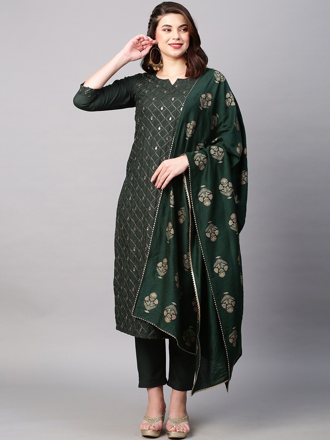 

KALINI Floral Embroidered Thread Work Kurta with Trousers & Dupatta, Green