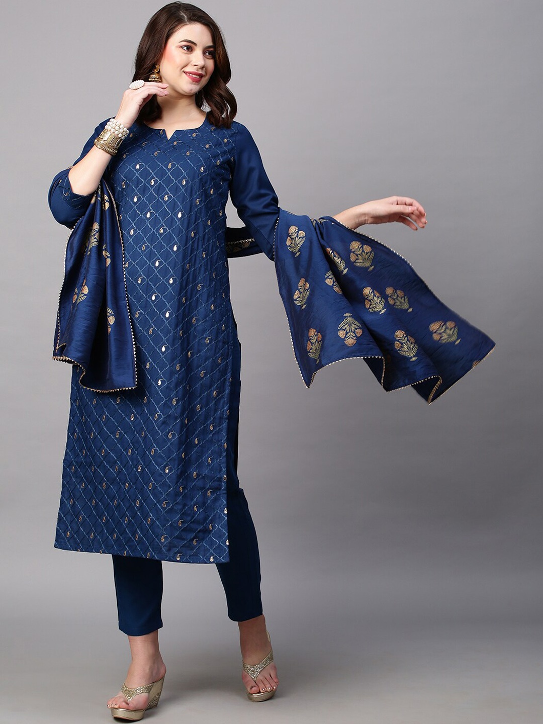 

KALINI Ethnic Motifs Embroidered Thread Work Kurta with Trousers & Dupatta, Blue