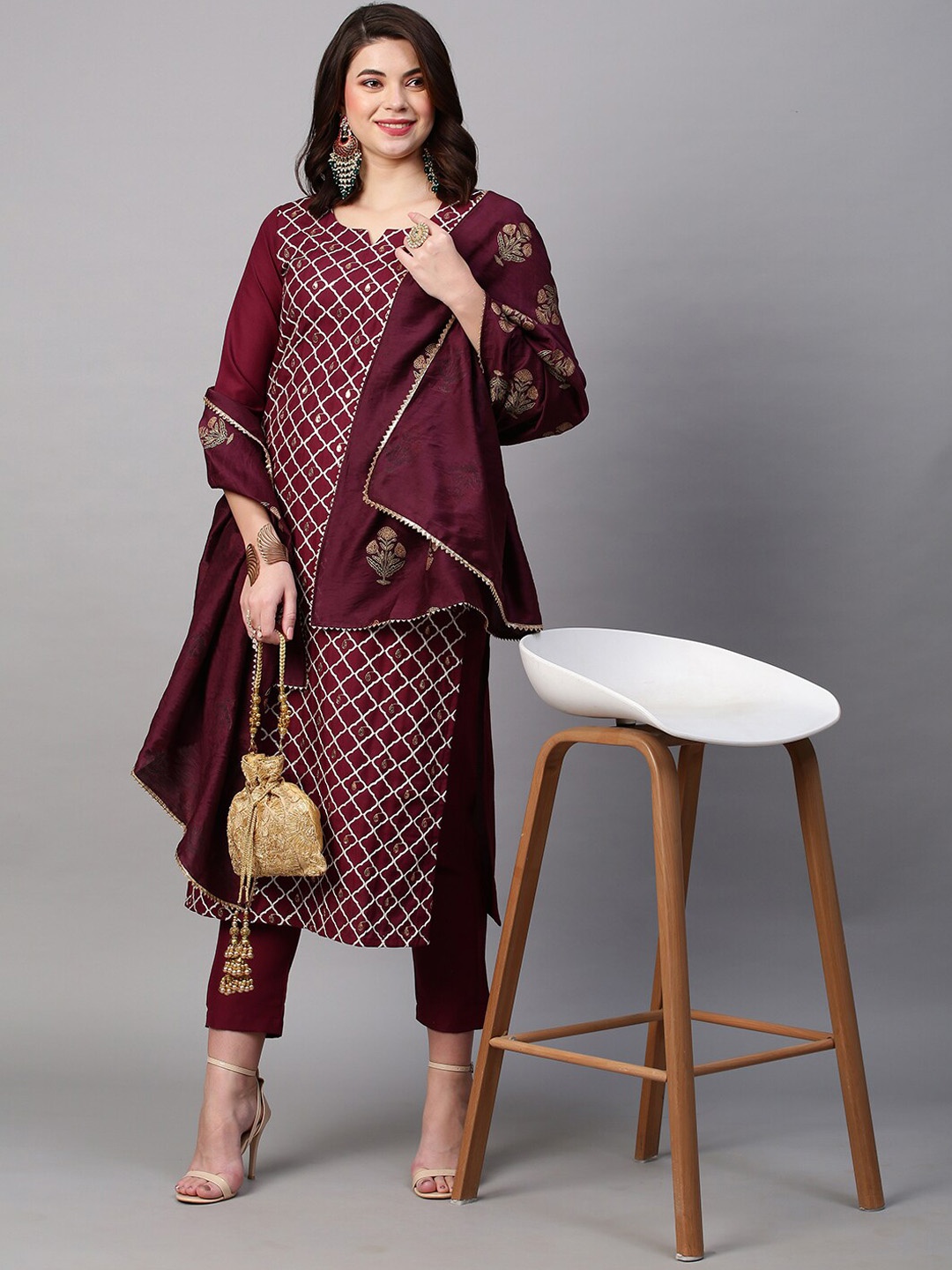 

KALINI Women Burgundy Ethnic Motifs Embroidered Kurta with Trousers & With Dupatta