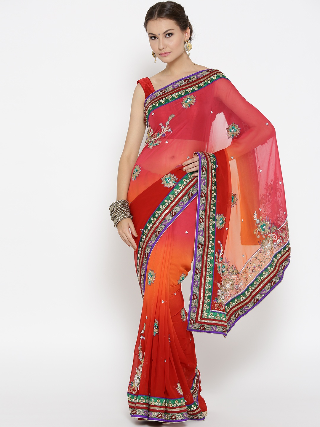 

Chhabra 555 Coral Red & Orange Embellished Pure Georgette Saree