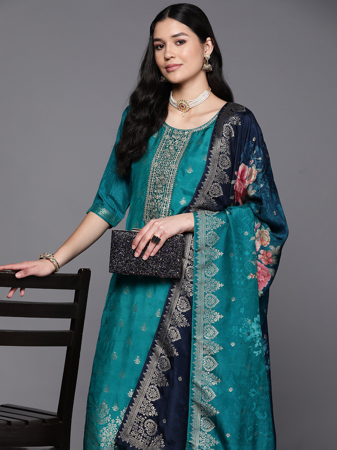 

Libas Women Green Floral Pure Silk Kurta with Trousers & With Dupatta