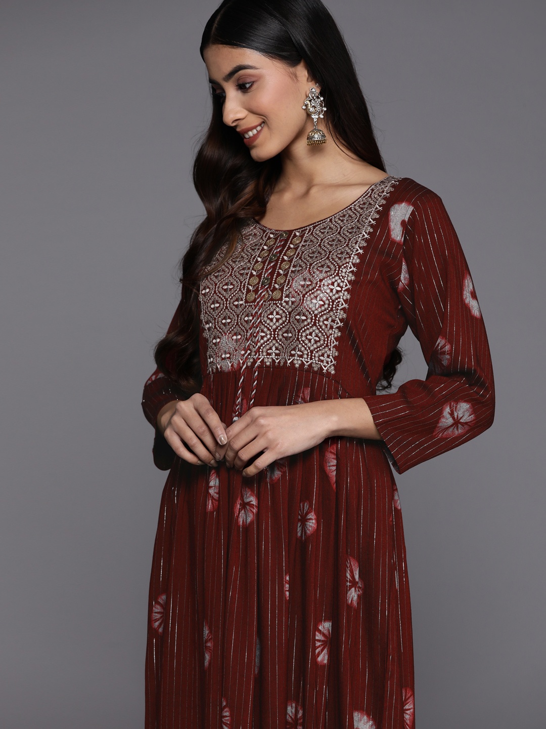 

Libas Embroidered Maxi Ethnic Fit & Flare Dress, Maroon