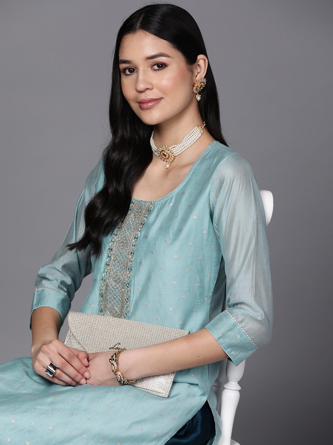 

Libas Women Yoke Design Chanderi Silk Kurta, Turquoise blue