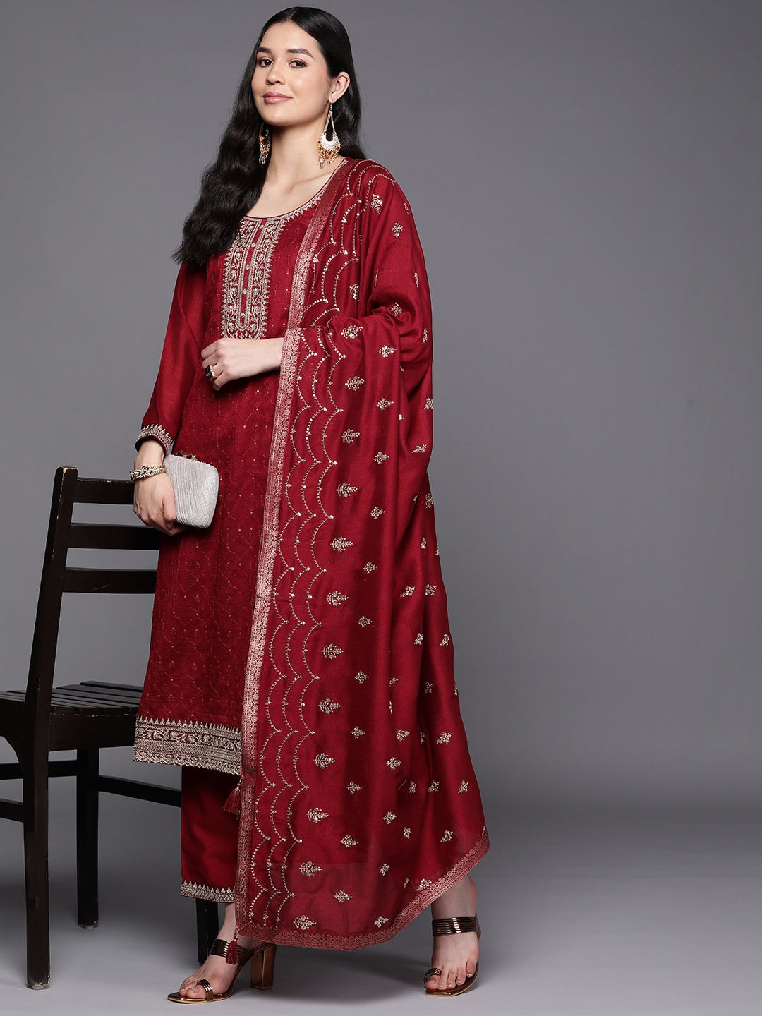 

Libas Women Maroon Floral Embroidered Kurta with Trousers & With Dupatta