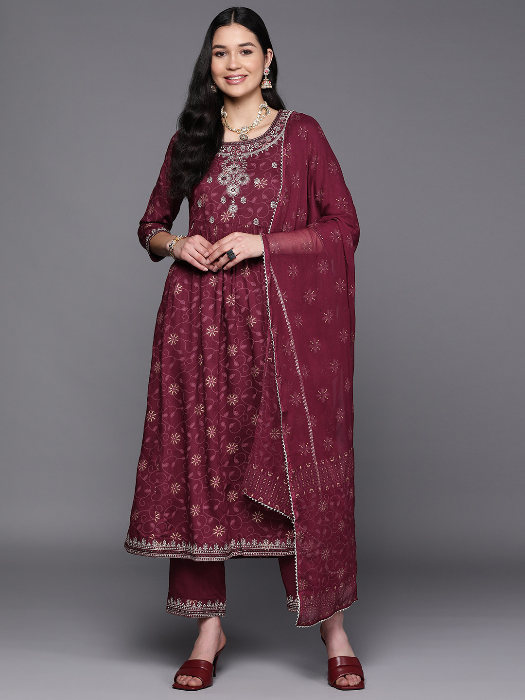 

Libas Women Burgundy Floral Embroidered Kurta with Trousers & With Dupatta