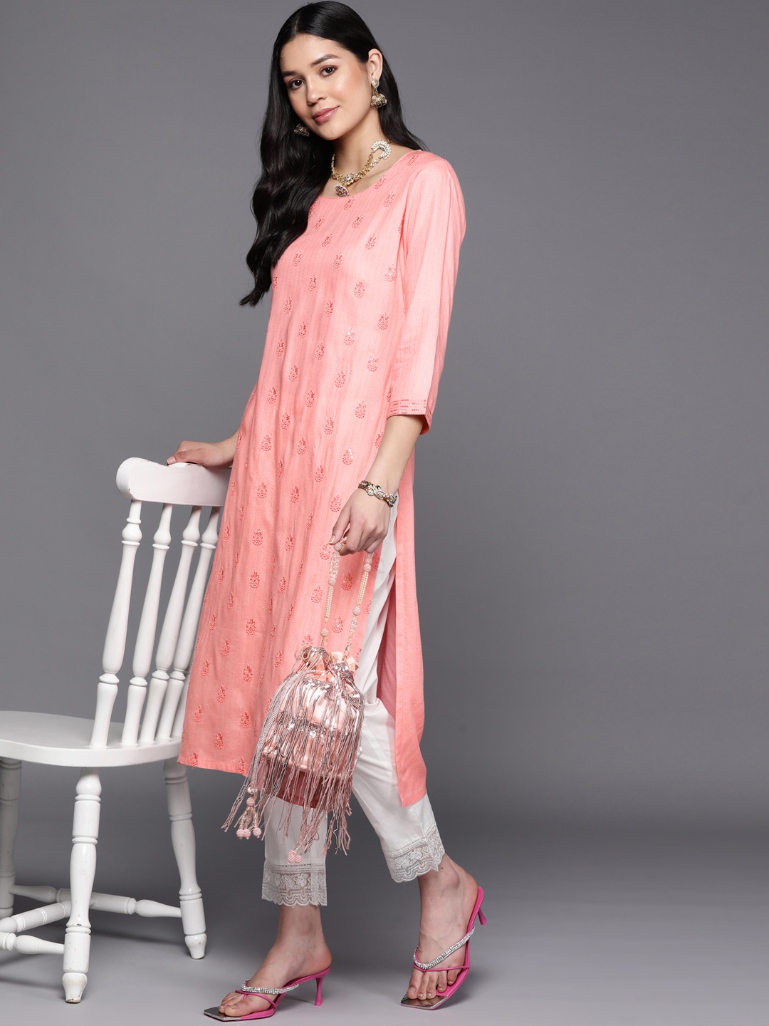 

Libas Women Ethnic Motifs Sequins Embroidered Pastels Kurta, Pink