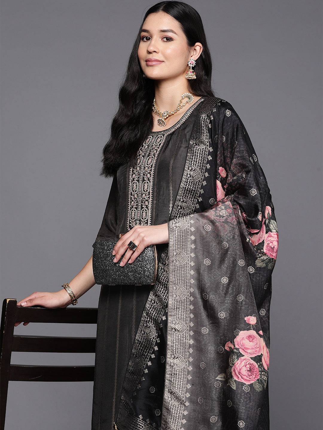 

Libas Women Black Floral Pure Silk Kurta with Trousers & With Dupatta