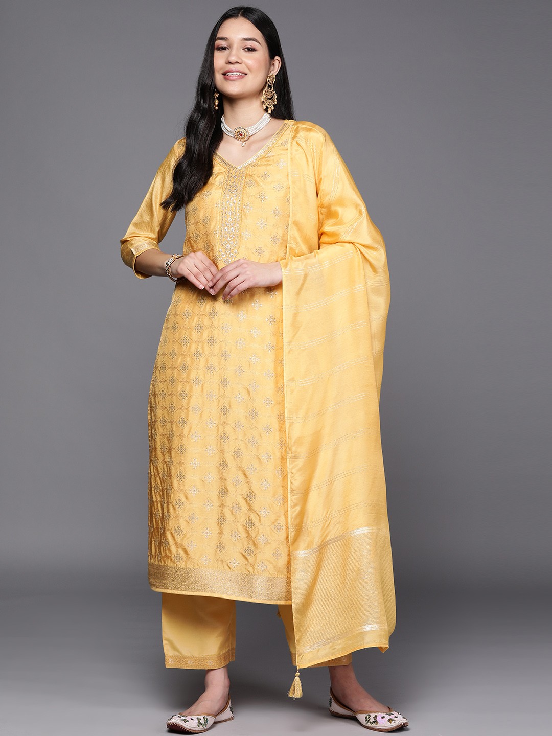 

Libas Women Yellow Floral Embroidered Kurta with Trousers & With Dupatta