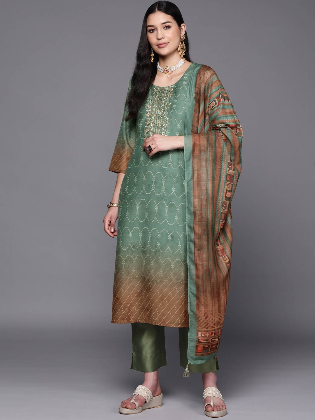 

Libas Women Green Floral Yoke Design Thread Work Kurta with Trousers & With Dupatta