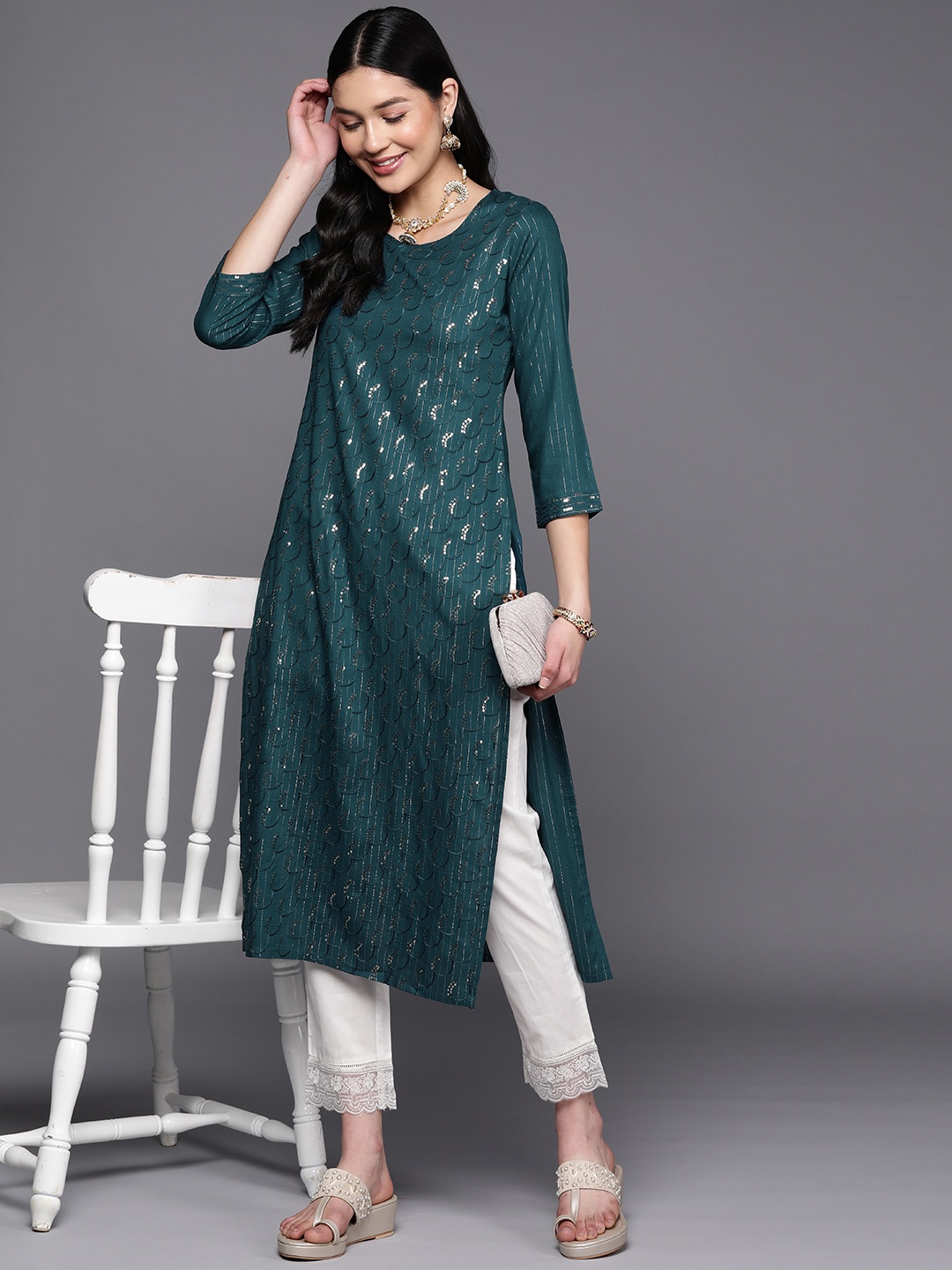 

Libas Women Floral Sequins Embroidered Kurta, Teal