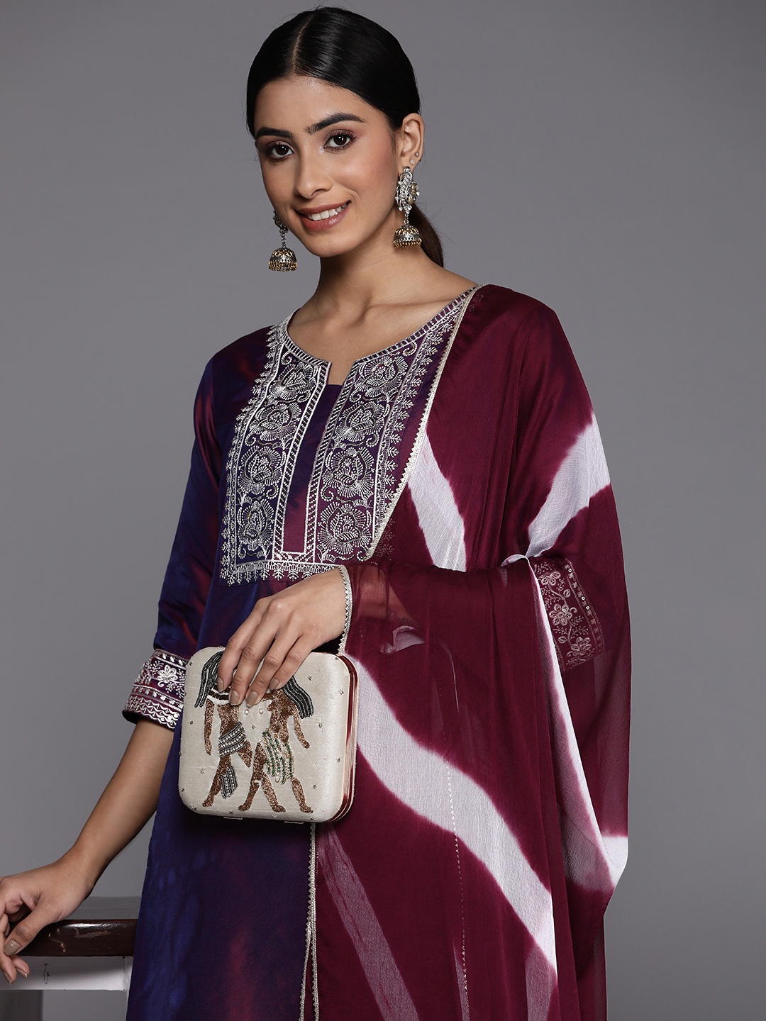 

Libas Women Floral Embroidered Sequinned Kurta With Trousers & With Dupatta, Purple