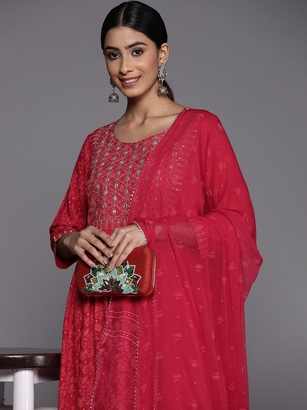 

Libas Women Ethnic Motifs Embroidered Mirror Work Kurta With Trousers & With Dupatta, Pink