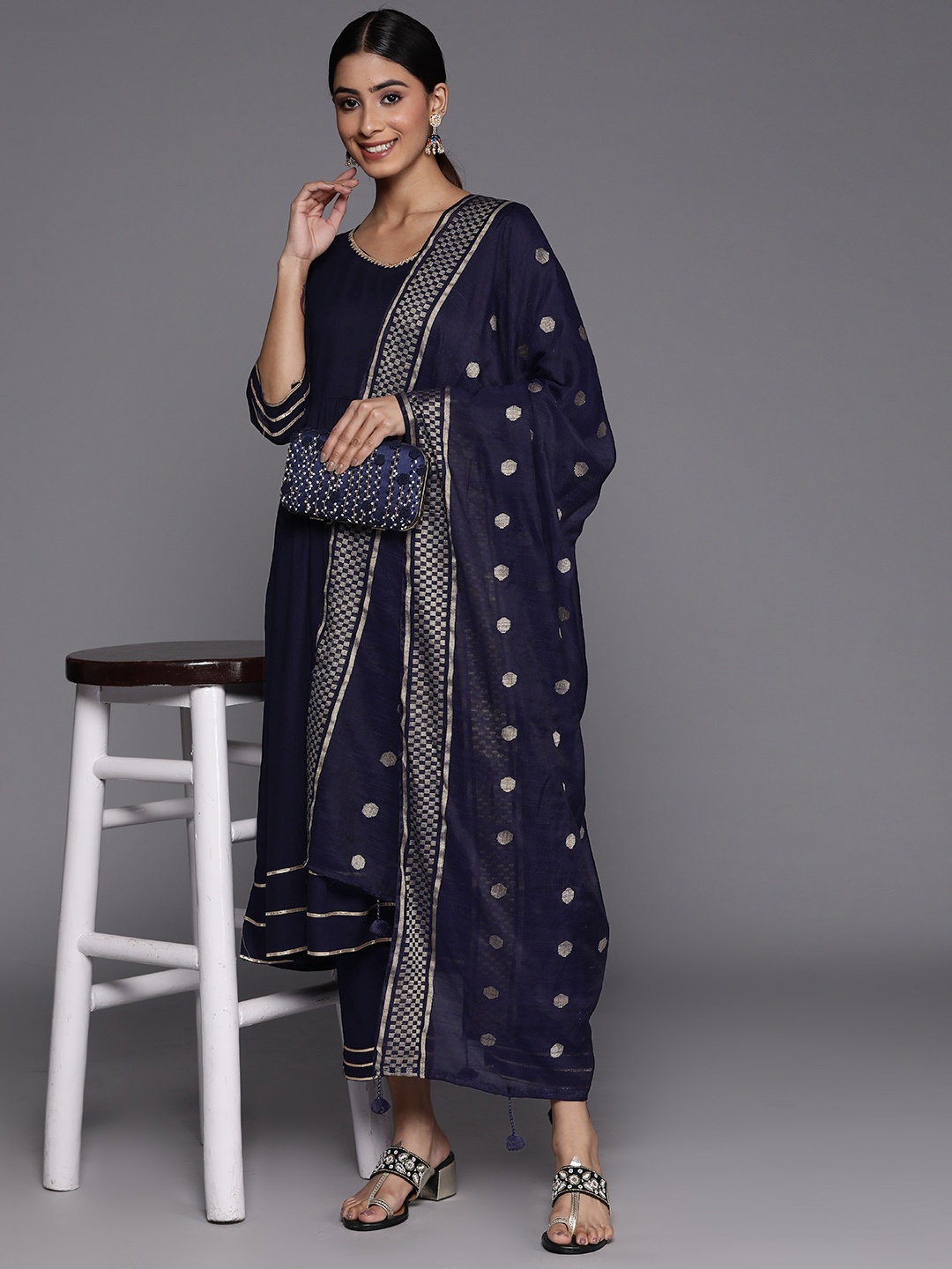 

Libas Women Solid Gotta Patti Kurta With Trousers & With Dupatta, Navy blue