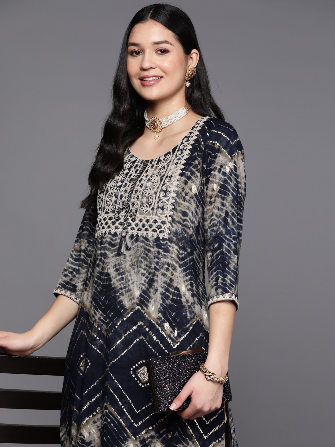 

Libas Women Yoke Design Mirror Work Kurta, Navy blue
