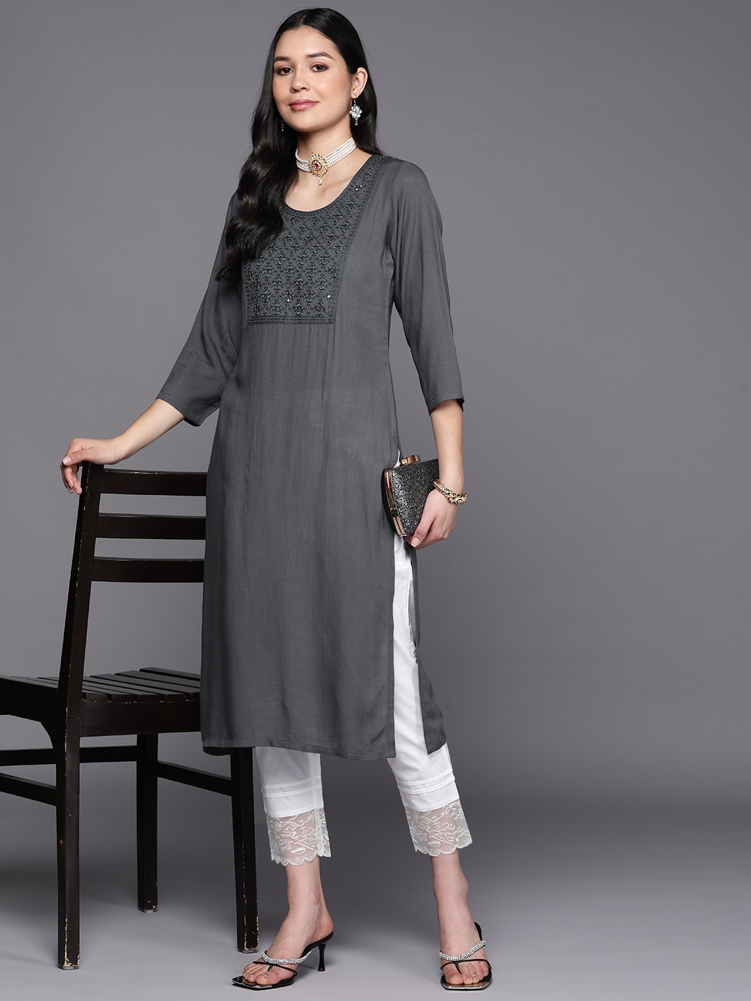 

Libas Women Yoke Design Mirror Work Kurta, Grey