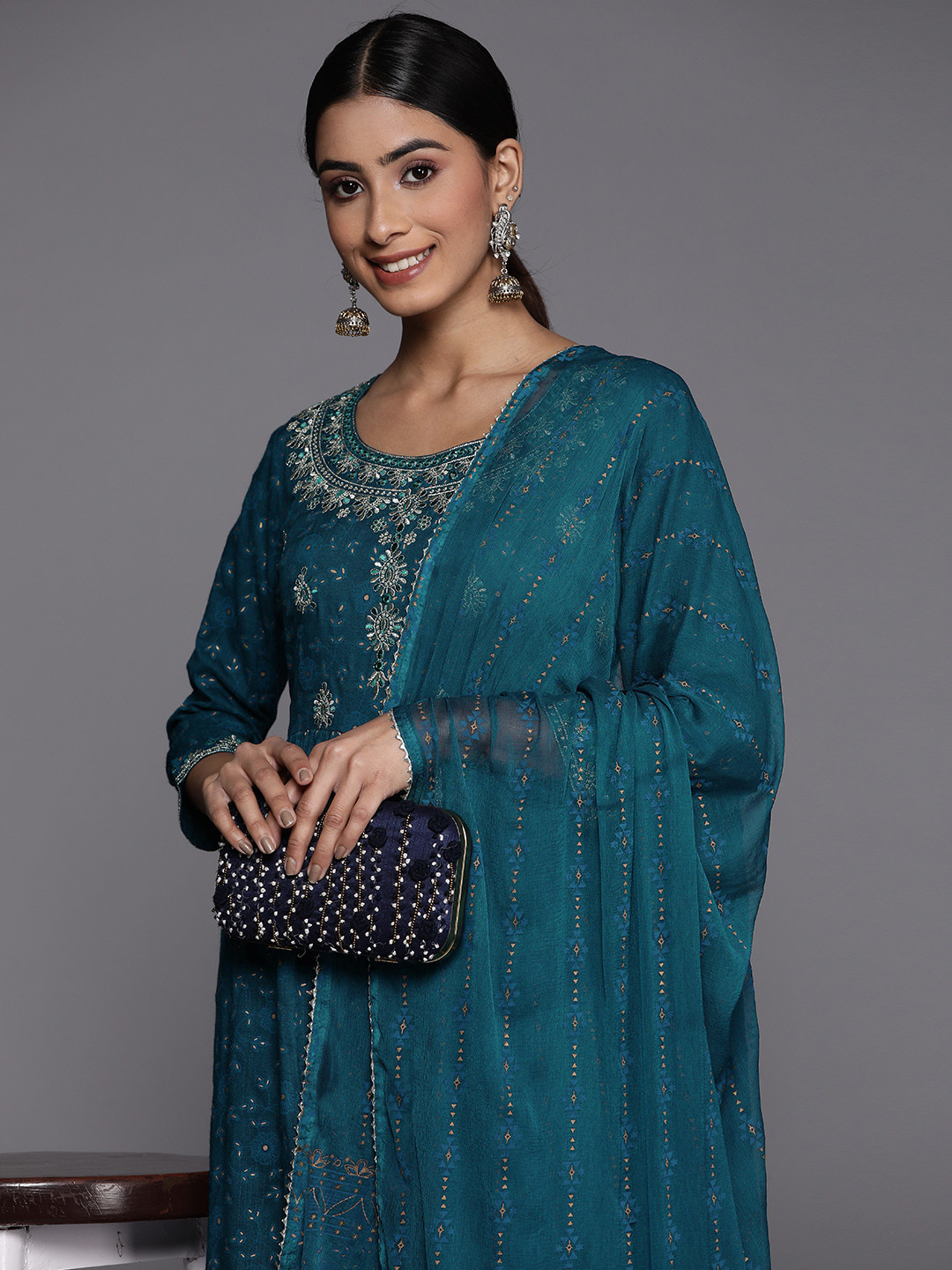 

Libas Women Ethnic Motifs Embroidered Mirror Work Kurta With Trousers & With Dupatta, Teal