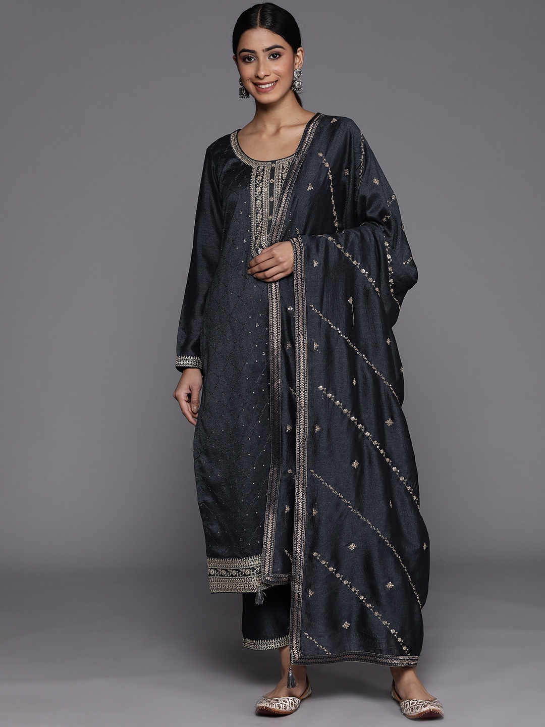 

Libas Women Floral Embroidered Sequinned Kurta With Trousers & Dupatta, Grey