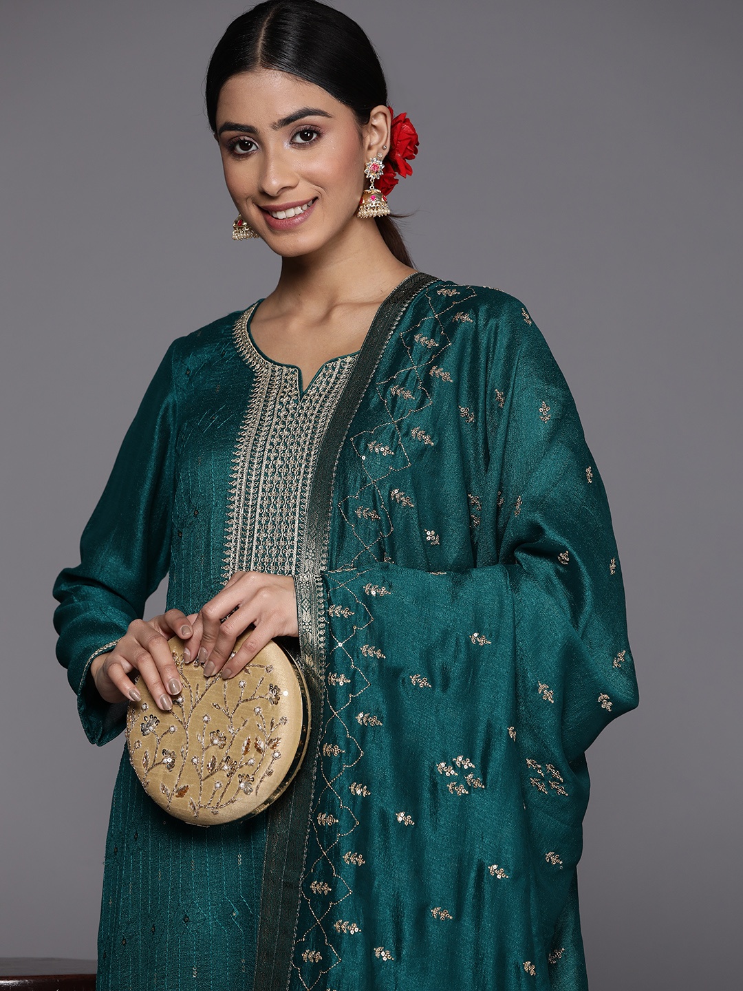 

Libas Women Ethnic Motifs Embroidered Kurta With Trousers & With Dupatta, Teal