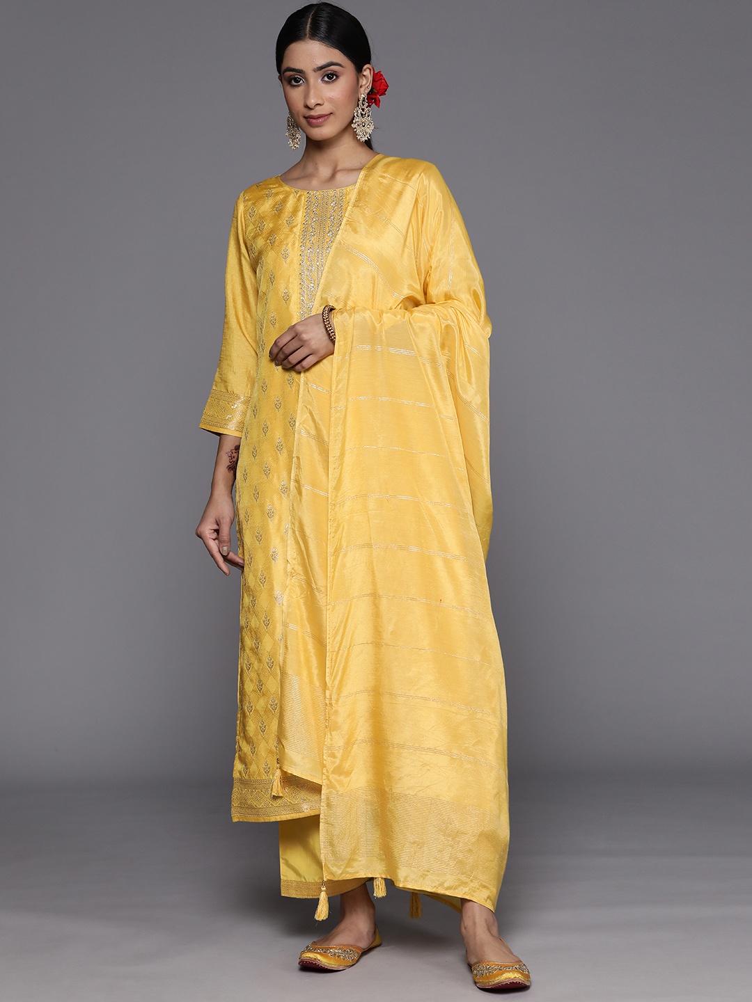 

Libas Women Floral Embroidered Kurta With Trousers & Dupatta, Yellow