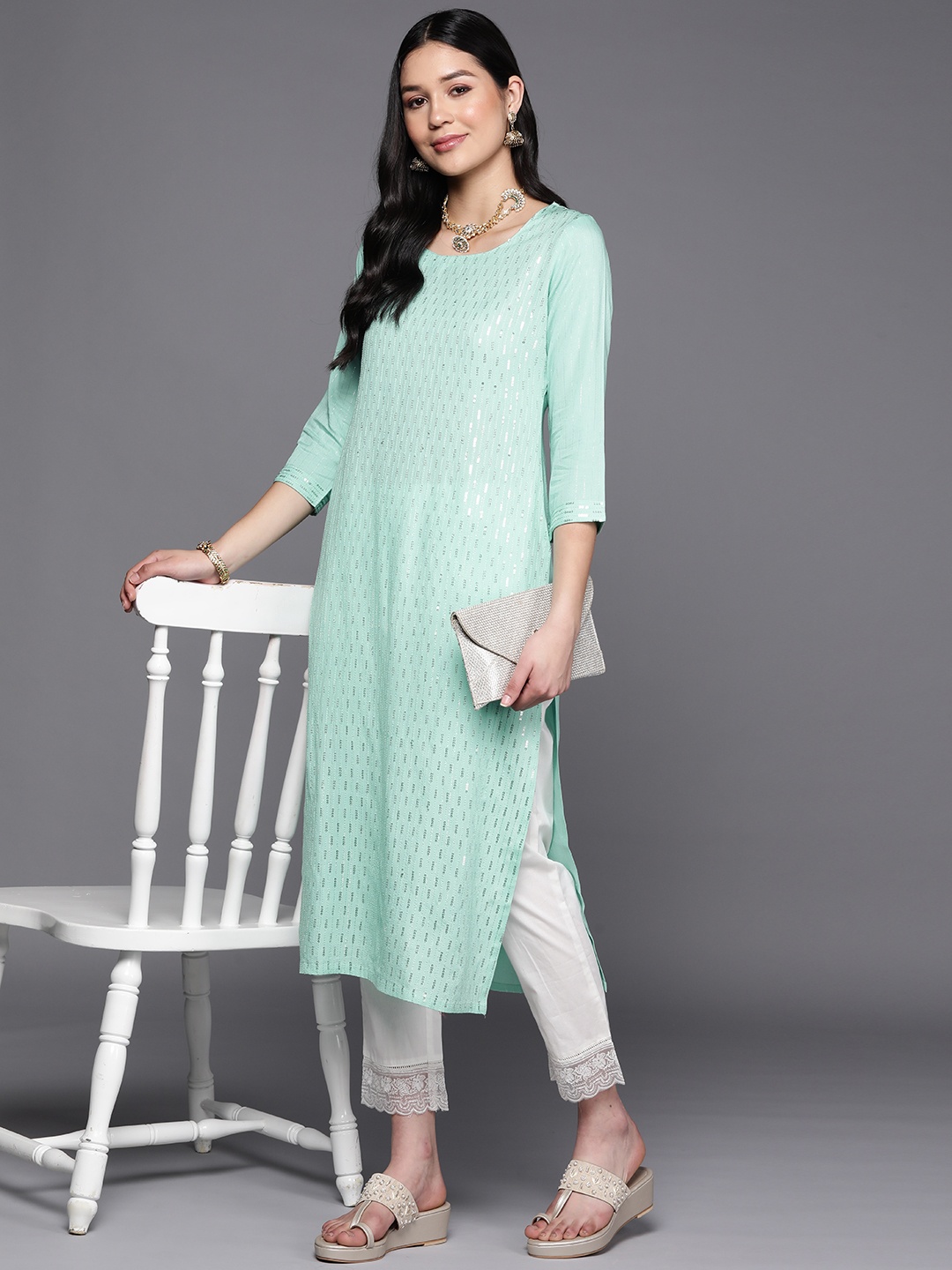 

Libas Women Sequins Embroidered Pastels Kurta, Sea green