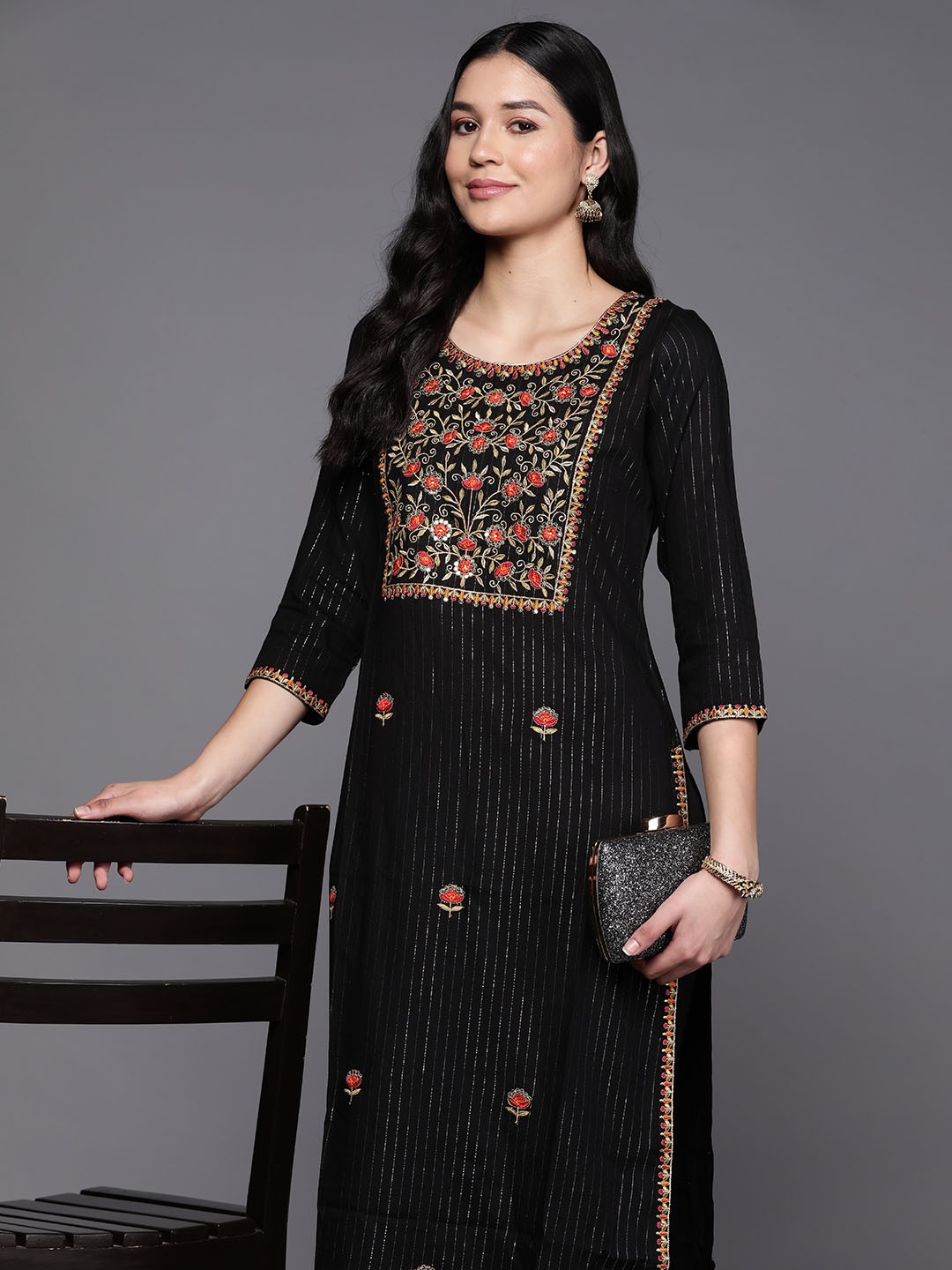 

Libas Women Floral Yoke Design Thread Work Kurta, Black