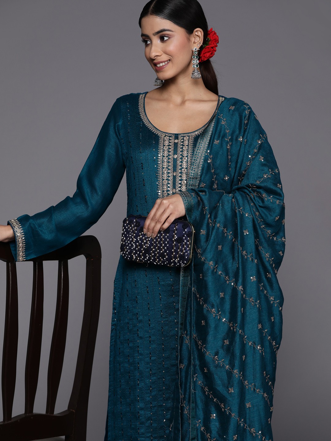 

Libas Women Teal Floral Embroidered Kurta with Trousers & With Dupatta