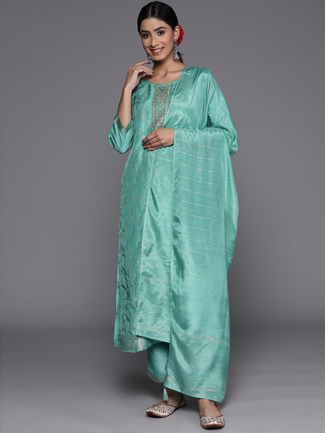 

Libas Women Ethnic Motifs Embroidered Sequinned Kurta With Trousers & With Dupatta, Turquoise blue