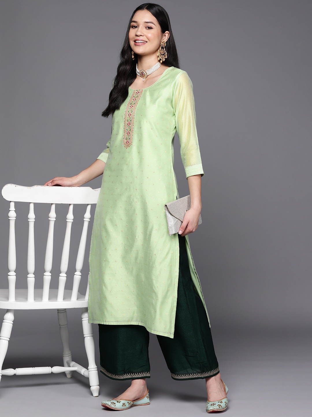 

Libas Women Green Embroidered Chanderi Silk Kurta