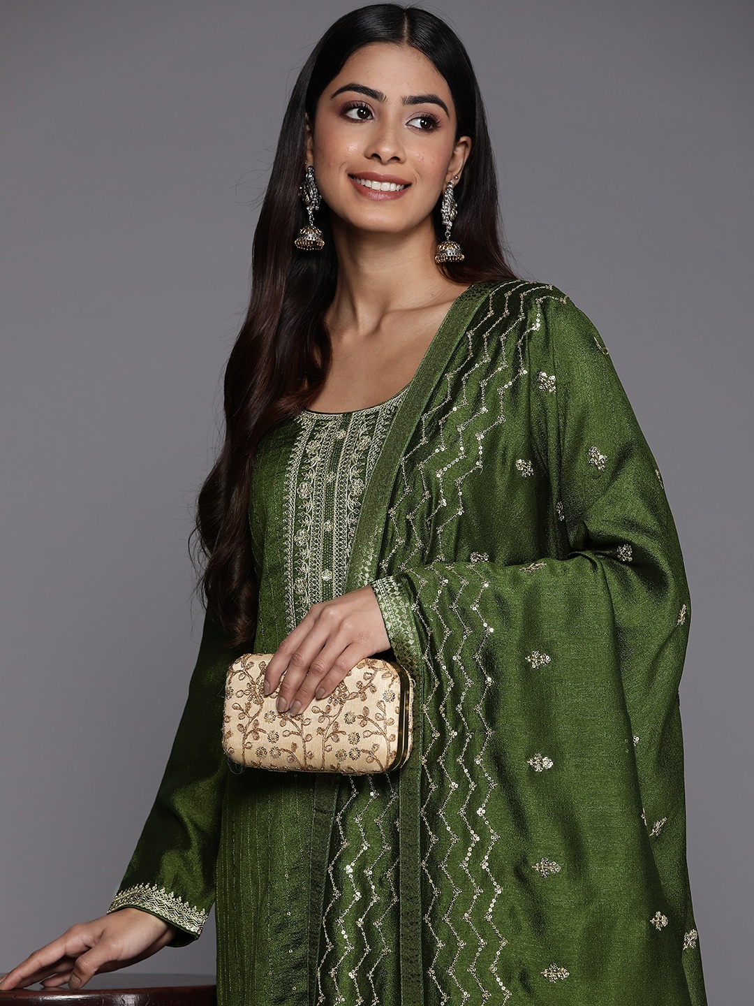 

Libas Women Green Embroidered Kurta with Trousers & With Dupatta