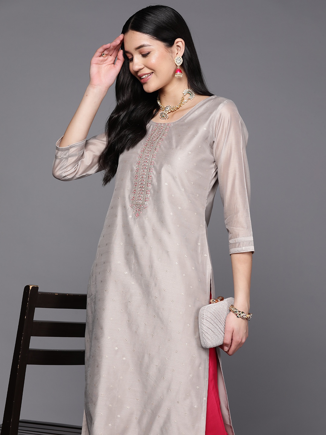 

Libas Women Ethnic Motifs Sequins Embroidered Pastels Chanderi Silk Kurta, Grey
