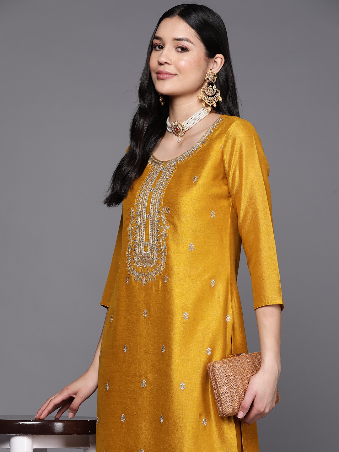 

Libas Women Floral Embroidered Kurta, Mustard
