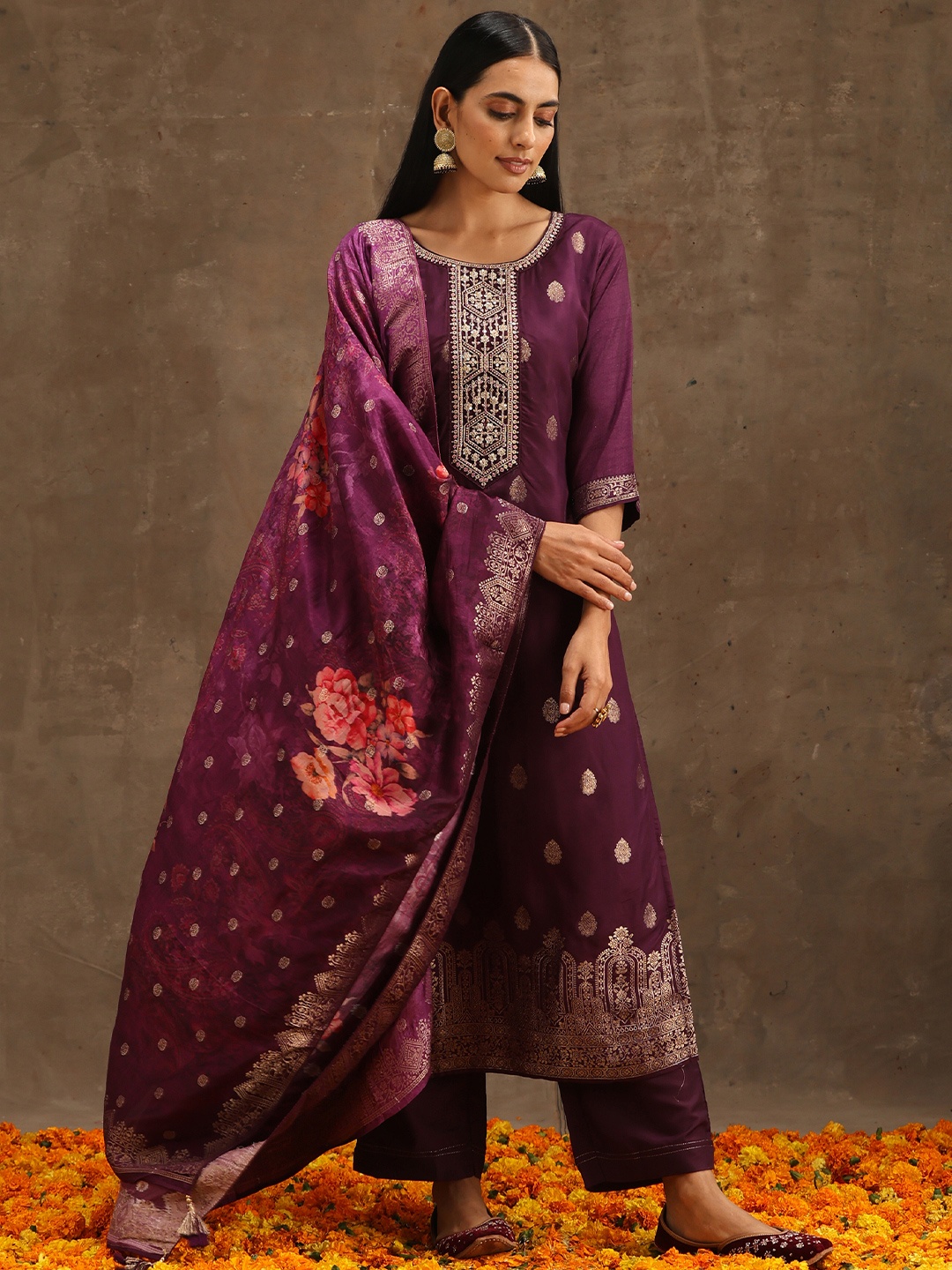 

Libas Women Embroidered Sequinned Pure Silk Kurta With Trousers & With Dupatta, Purple