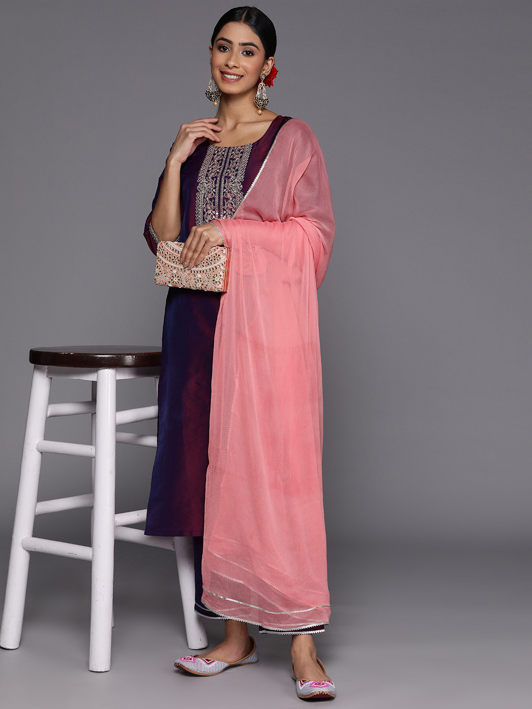 

Libas Women Ethnic Motifs Yoke Design Sequinned Kurta With Trousers & With Dupatta, Purple