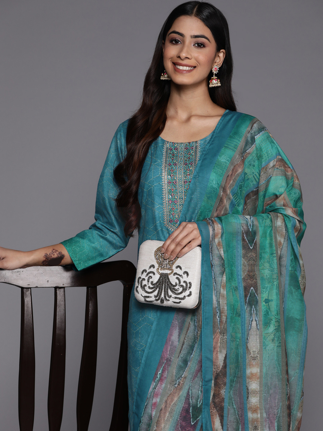 

Libas Women Ethnic Motifs Embroidered Sequinned Kurta With Trousers & With Dupatta, Blue