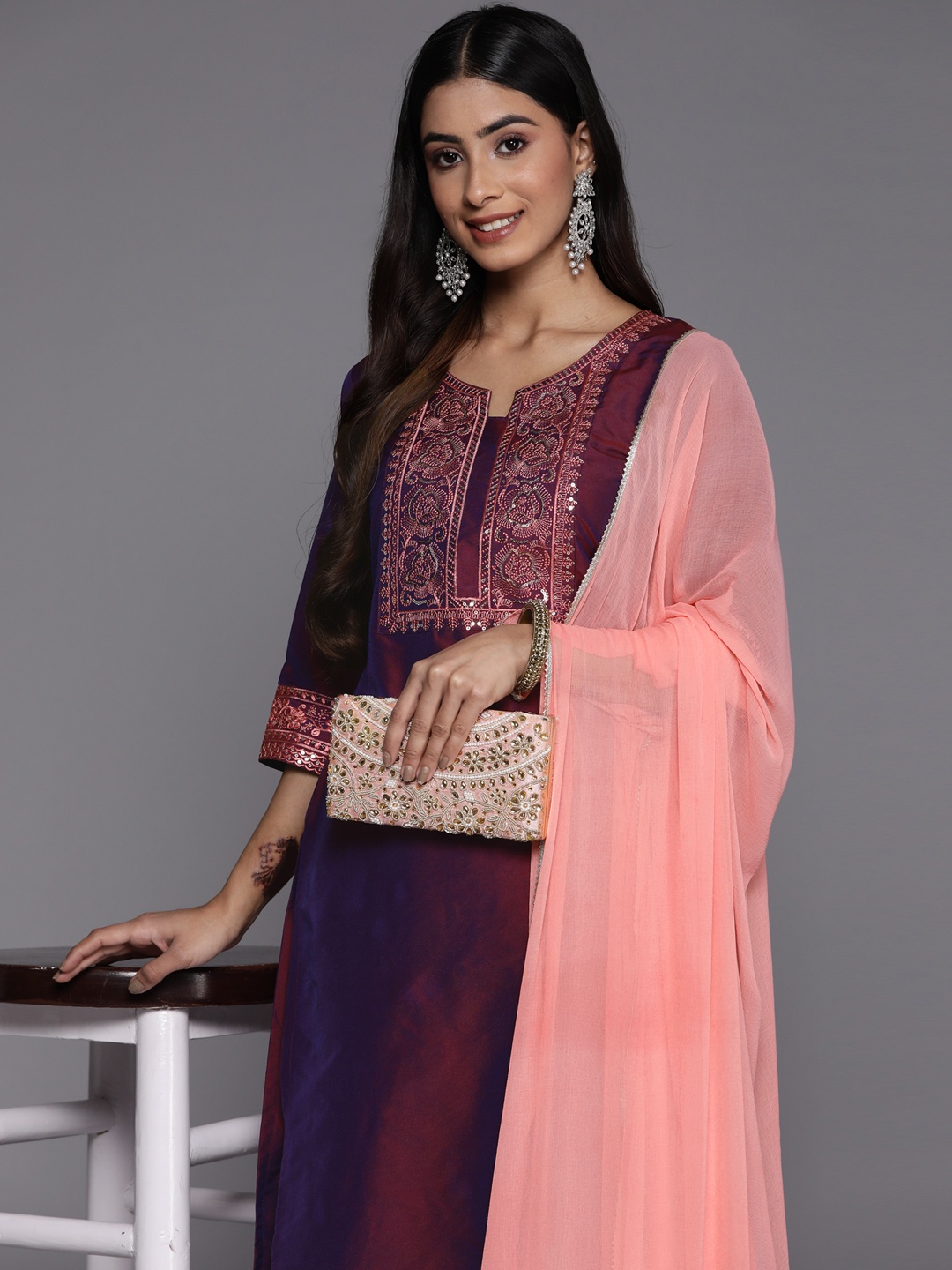 

Libas Women Ethnic Motifs Embroidered Sequinned Kurta With Trousers & With Dupatta, Purple