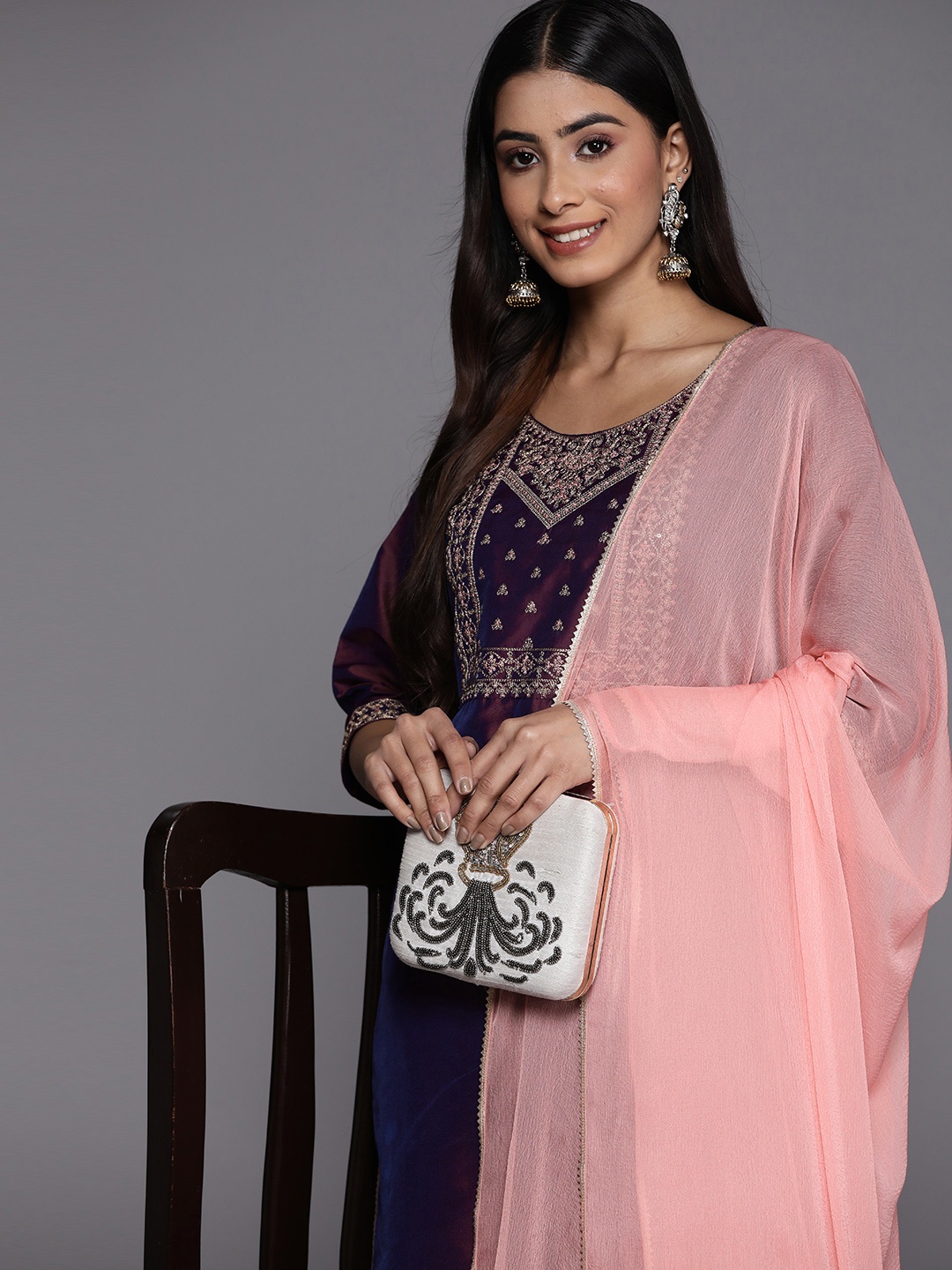 

Libas Women Floral Yoke Design Mirror Work Kurta With Trousers & Dupatta, Purple