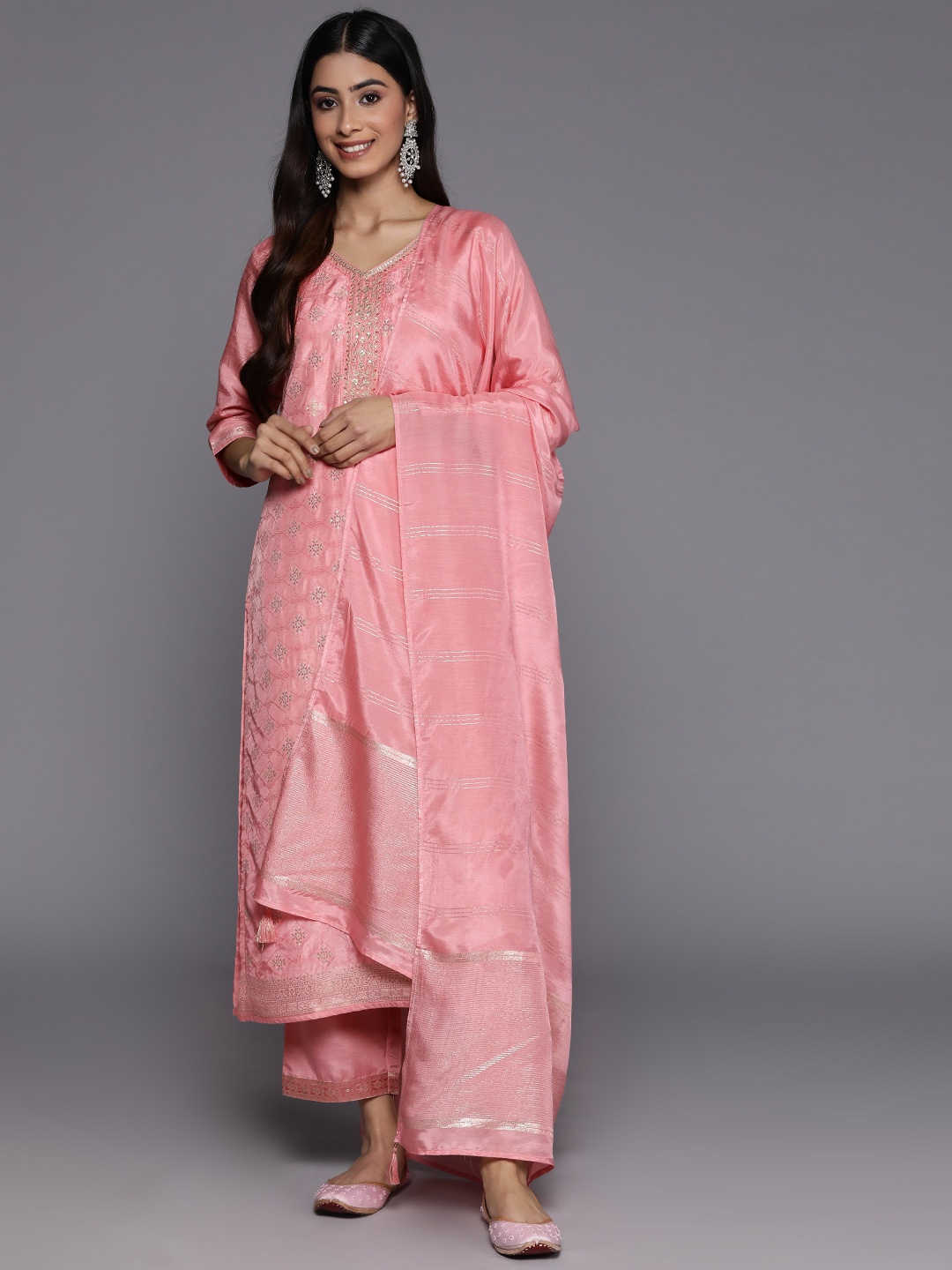 

Libas Women Ethnic Motifs Embroidered Sequinned Kurta With Trousers & Dupatta, Peach